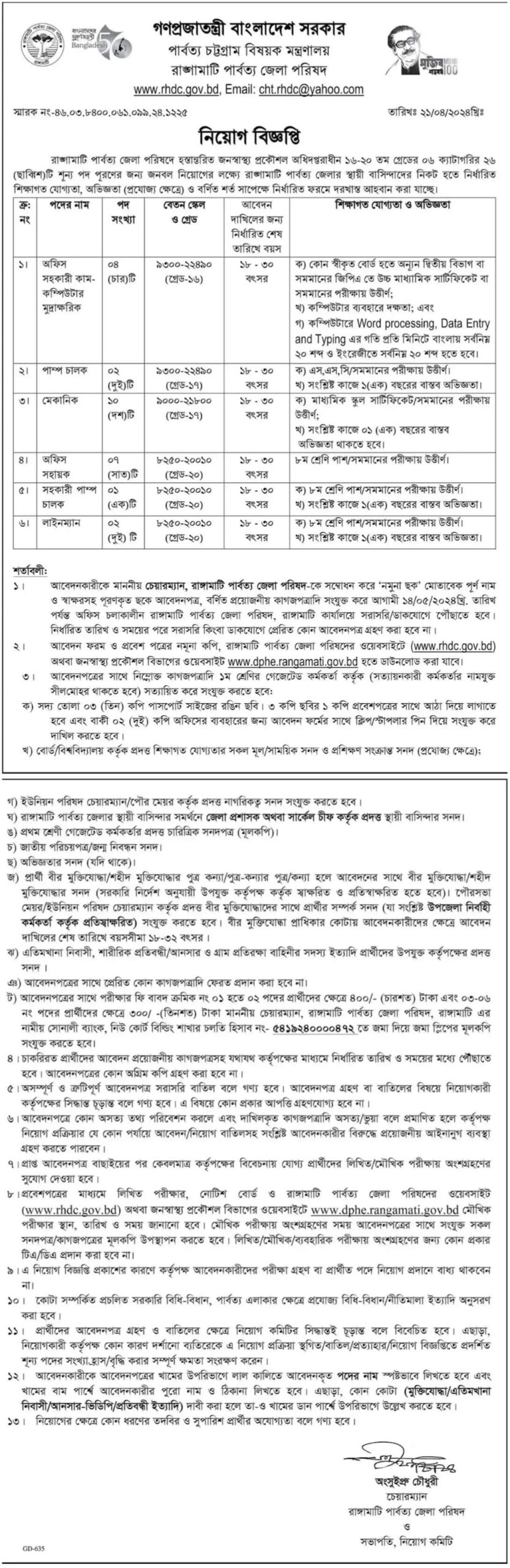 রাঙামাটি পার্বত্য জেলা পরিষদ নিয়োগ ২০২৪ সার্কুলার